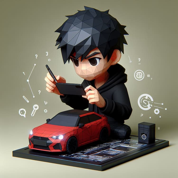 Picture of a low poly 3D boy with black hair and black clothes creating an app for cars.