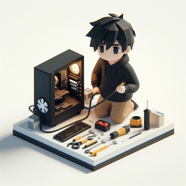 Picture of a low poly 3D boy fixing a computer with tools.