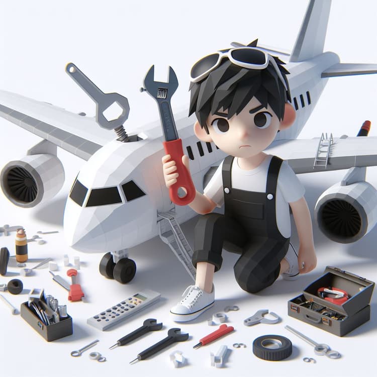 Picture of a low poly 3D boy fixing an airplane with tools.