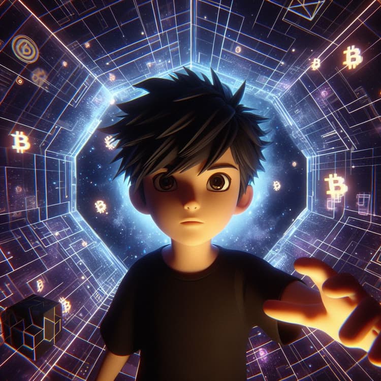 Picture of a low poly 3D boy with black hair and black clothes in a metaverse.