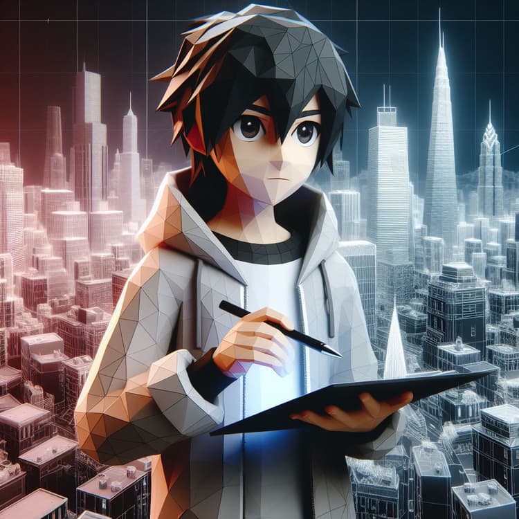 Picture of a low poly 3D boy with black hair and white clothes using a tablet with a digital city in the background.