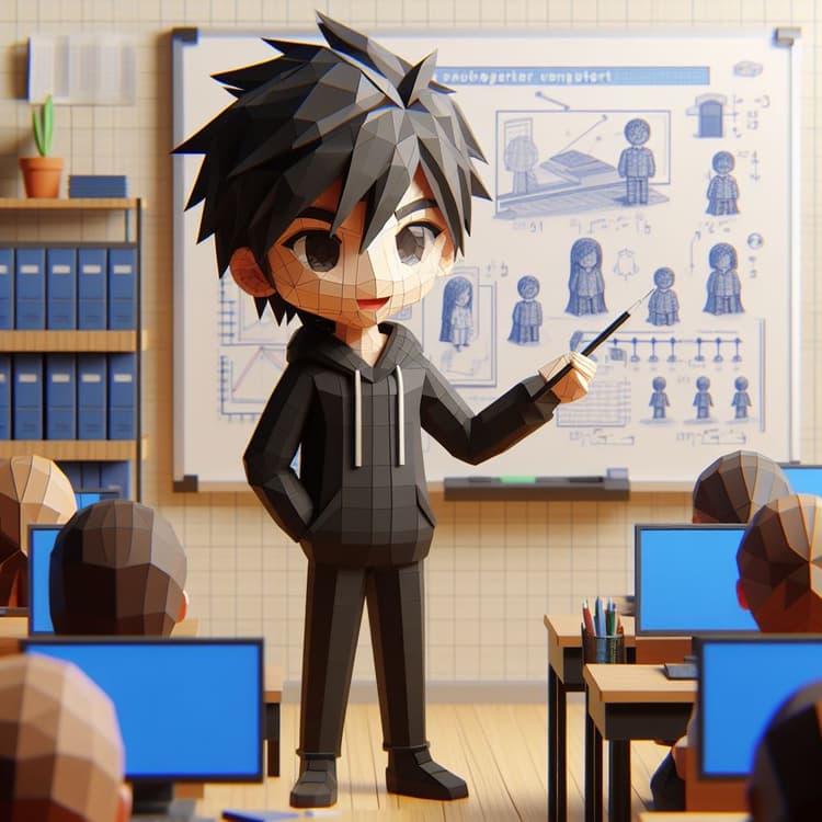 Picture of a low poly 3D boy with black hair and black clothes giving a class to kids.