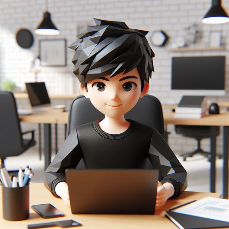 Picture of a low poly 3D boy with black hair and black clothes working on a computer in an office.